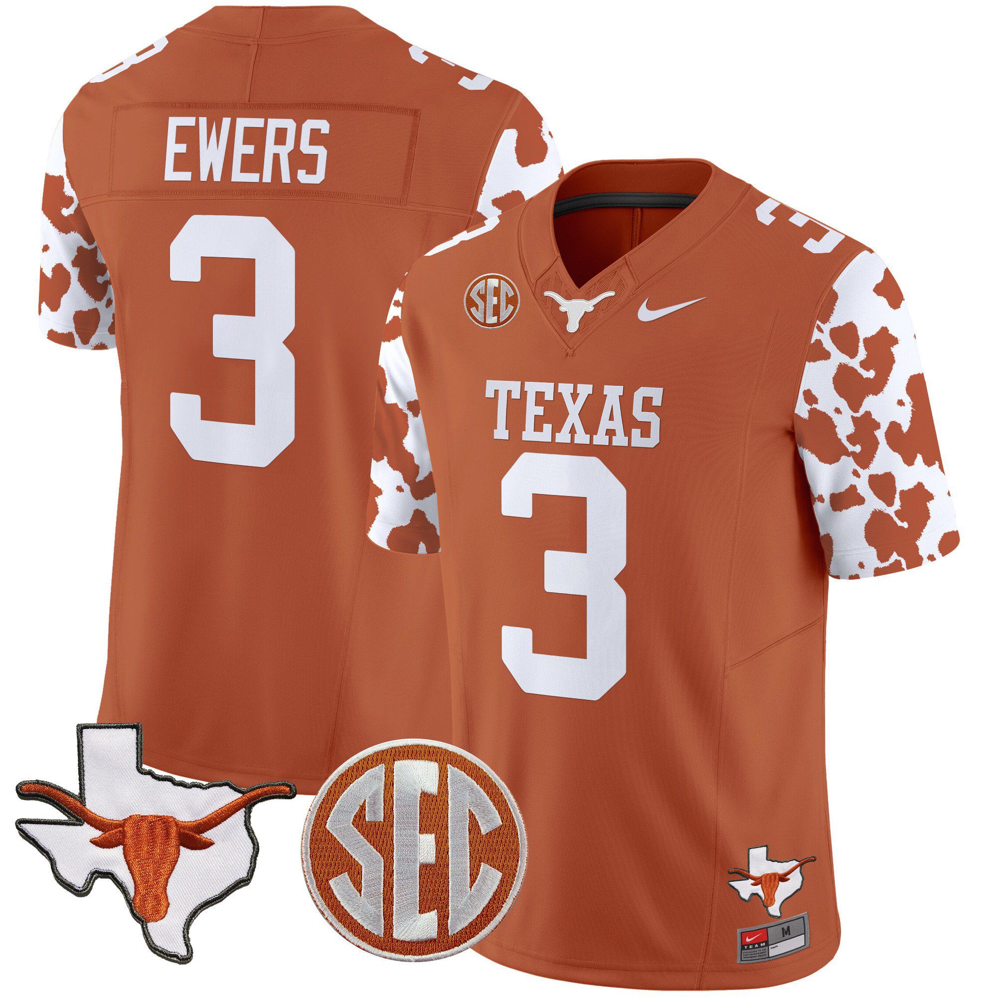 Men Texas Longhorns #3 Ewers Orange 2024 Nike Cow Spots Vapor Limited NCAA Jersey